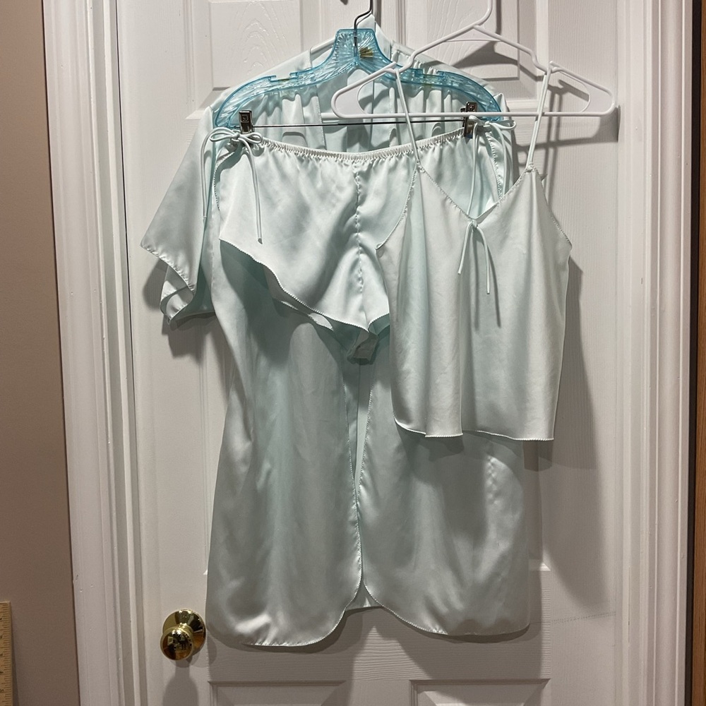 Light Blue Satiny Cami, Shorts and Tie Robe Set